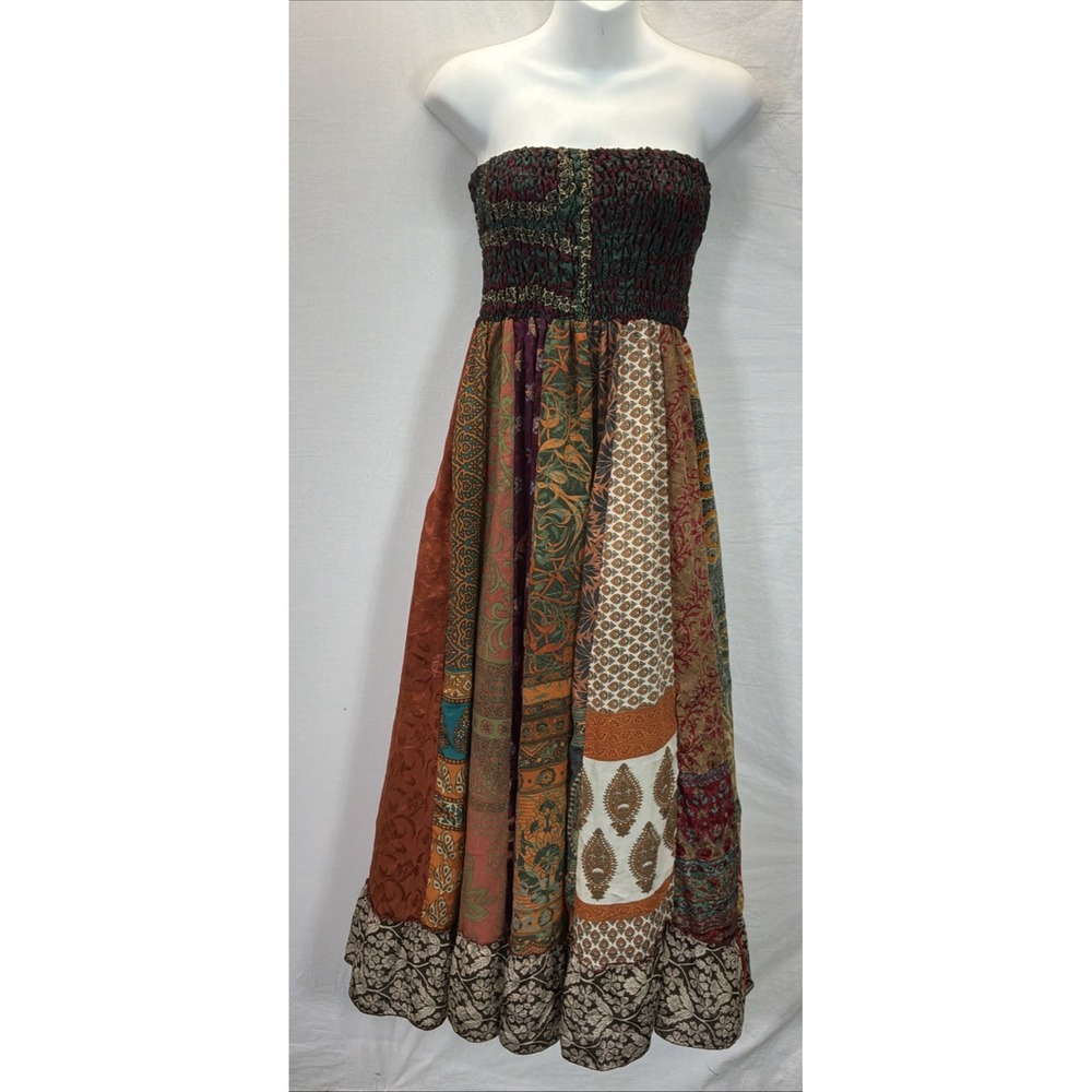 Earthbound Patchwork Strapless Maxi Dress M Smocking Boho Festival Hippy Kantha